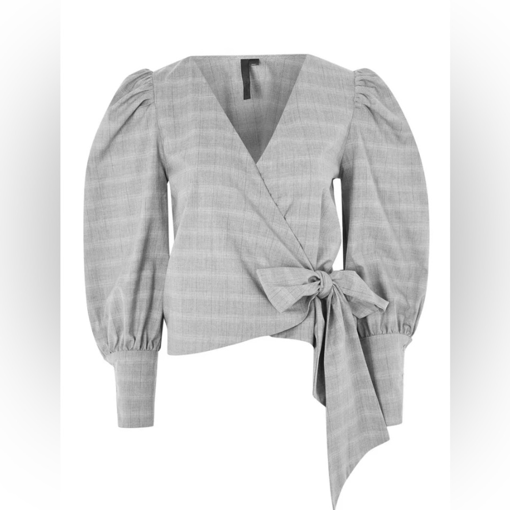 Topshop Gray and White Wrap Blouse with Puff Sleeves